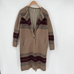 Free People Longline Jacquard Stripe Duster Cardigan Beige/Maroon SzM EU Import